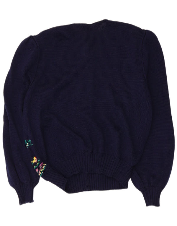 Vintage Womens Graphic Cardigan Sweater IT 46 Large Navy Blue Virgin Wool