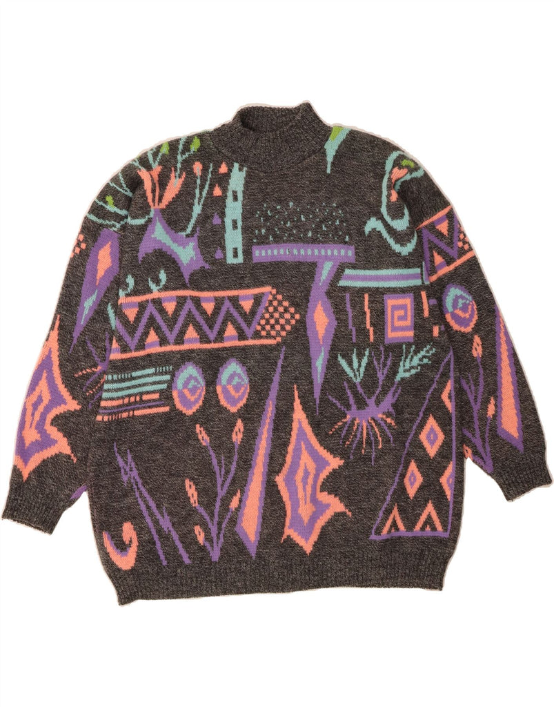 VINTAGE Mens Abstract Pattern Turtle Neck Jumper Sweater XL Grey Acrylic Vintage Vintage and Second-Hand Vintage from Messina Hembry 