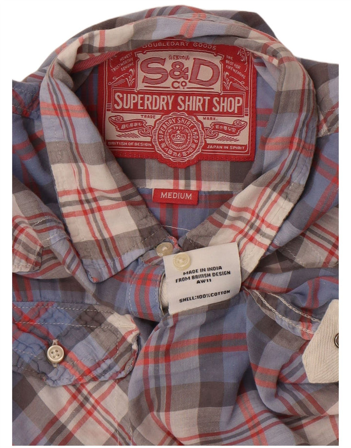 Superdry Womens 3/4 Sleeve Shirt UK 14 Medium Blue Check Cotton