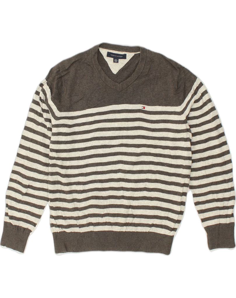 TOMMY HILFIGER Mens V-Neck Jumper Sweater Medium Grey Striped Cotton | Vintage Tommy Hilfiger | Thrift | Second-Hand Tommy Hilfiger | Used Clothing | Messina Hembry 