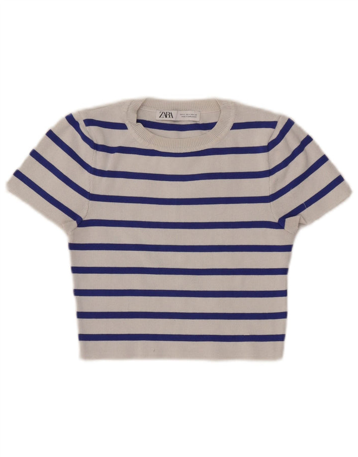 Zara Womens Crop T-Shirt Top UK 12 Medium White Striped Viscose