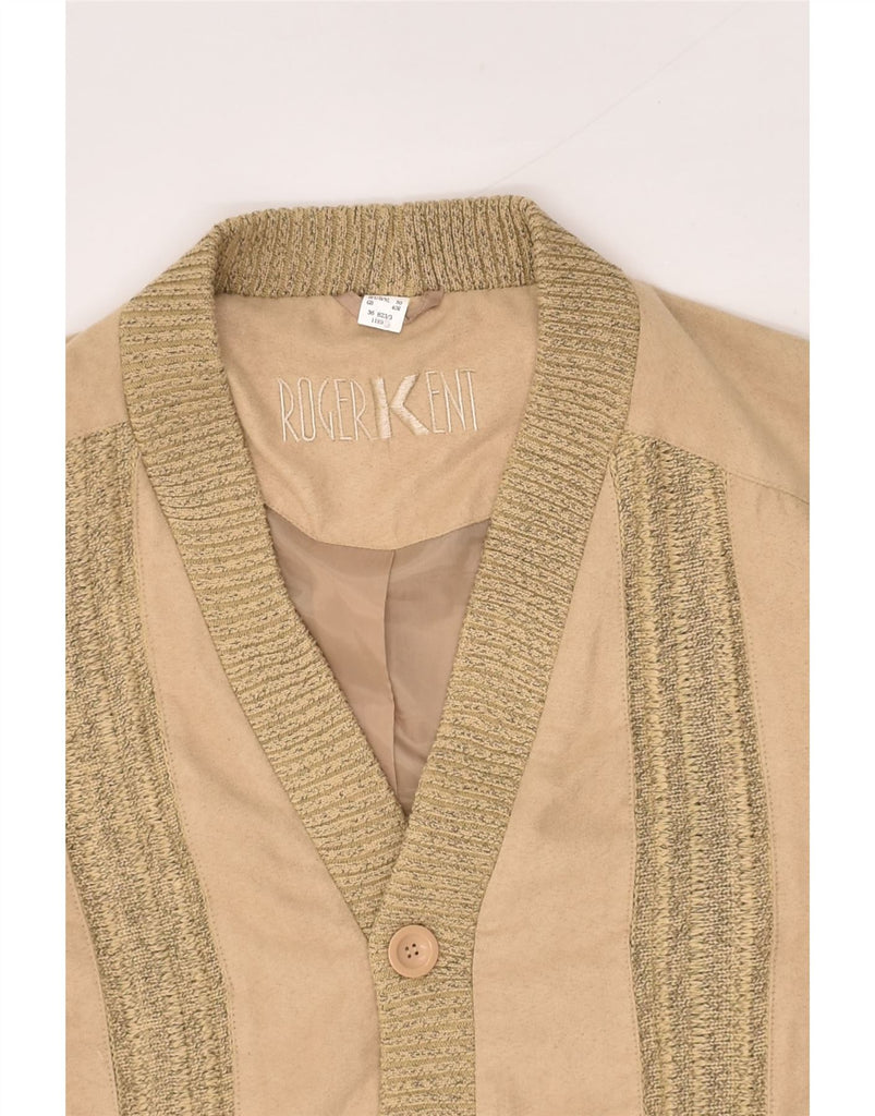 VINTAGE Mens Knit Bomber Jacket UK 40 Large Beige Striped Polyacrylic | Vintage Vintage | Thrift | Second-Hand Vintage | Used Clothing | Messina Hembry 