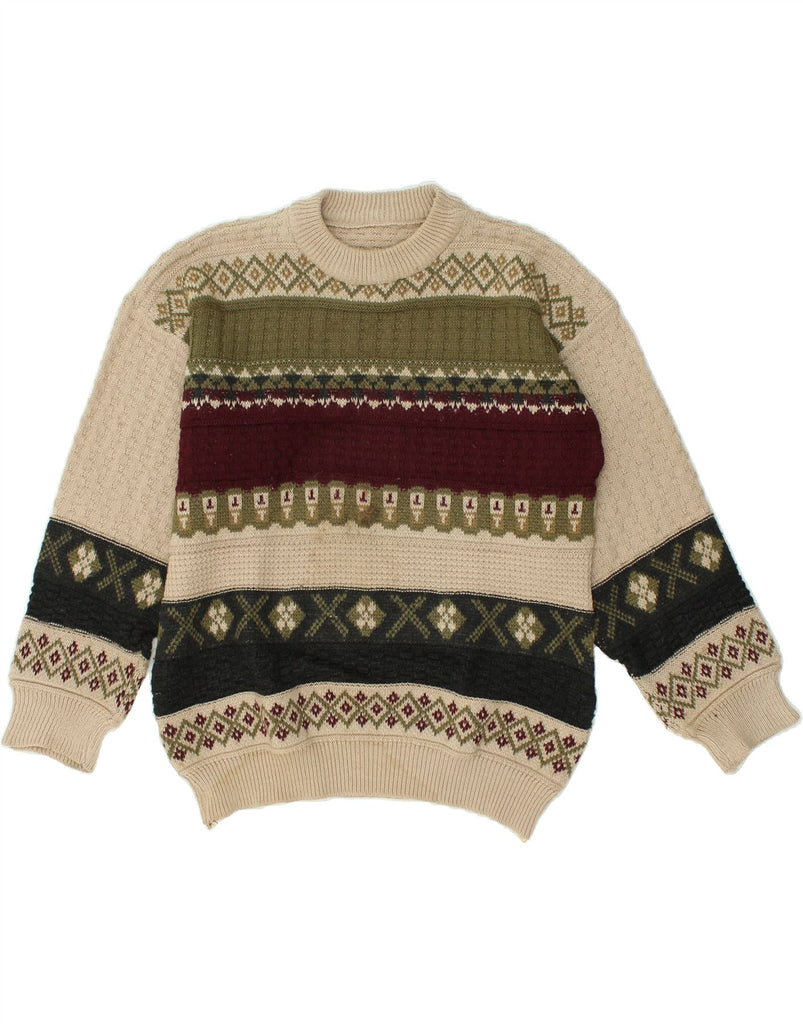 VINTAGE Mens Crew Neck Jumper Sweater Medium Beige Fair Isle Wool | Vintage Vintage | Thrift | Second-Hand Vintage | Used Clothing | Messina Hembry 