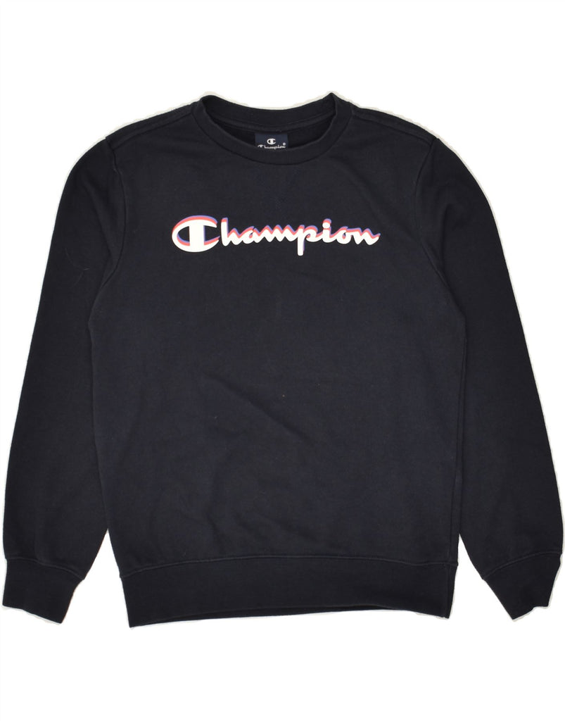 CHAMPION Boys Graphic Sweatshirt Jumper 9-10 Years Medium Navy Blue Cotton | Vintage Champion | Thrift | Second-Hand Champion | Used Clothing | Messina Hembry 