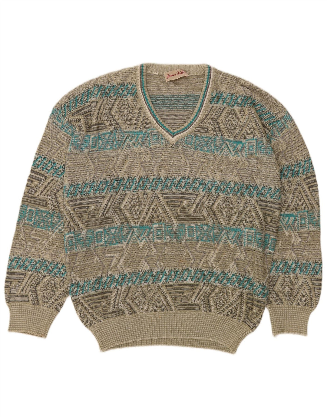 James Dillon Mens V-Neck Jumper Sweater Large Khaki Geometric Acrylic