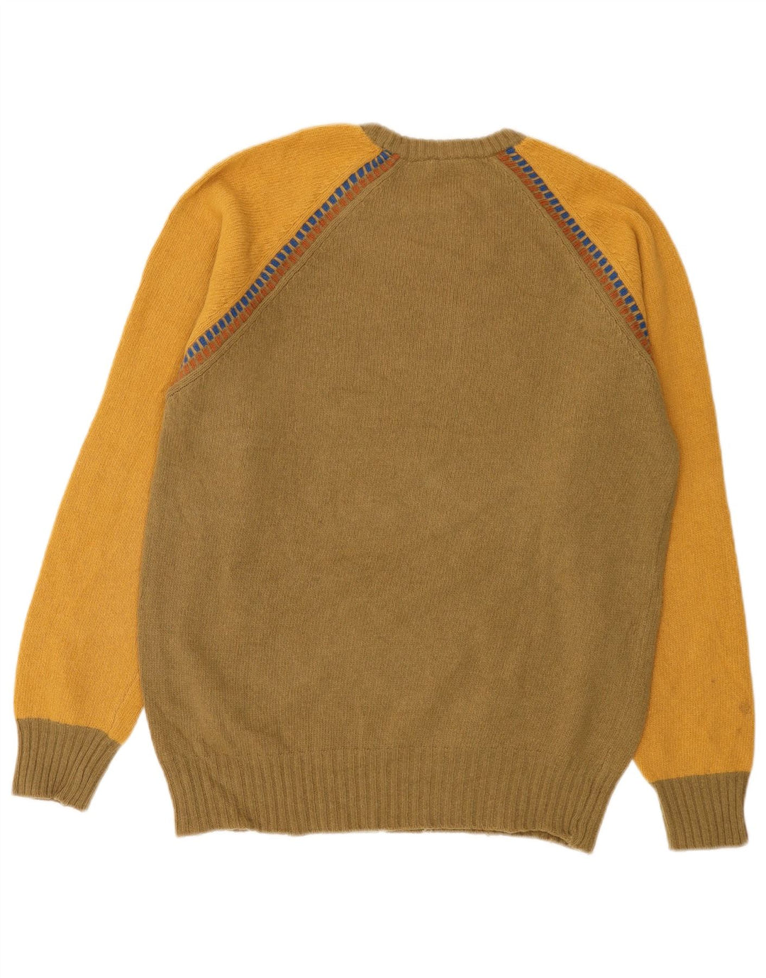 Stefanel Mens Crew Neck Jumper Sweater IT 52 Large Khaki Colourblock Wool