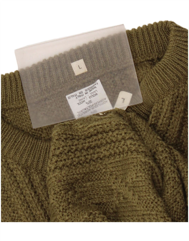 Vintage Mens Crew Neck Jumper Sweater Large Khaki Acrylic