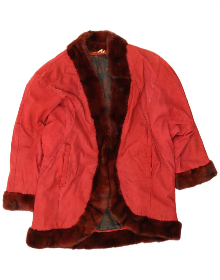 VINTAGE Womens Oversized Open Suede Overcoat IT 44 Medium Red Leather