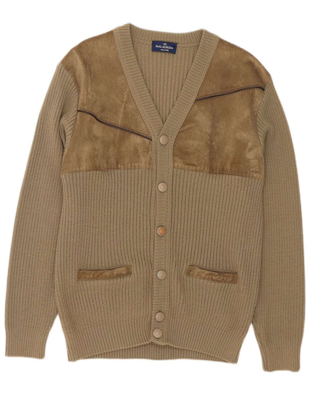Malagrida Mens Cardigan Sweater Large Beige Wool
