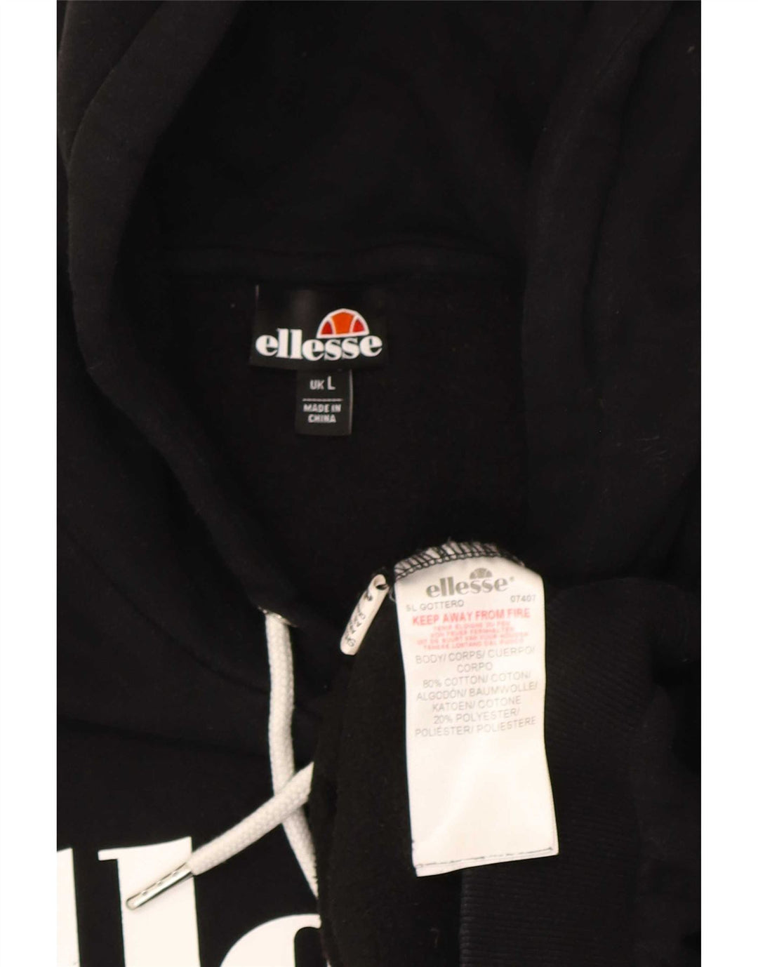 Ellesse Mens Graphic Hoodie Jumper Large Black Cotton
