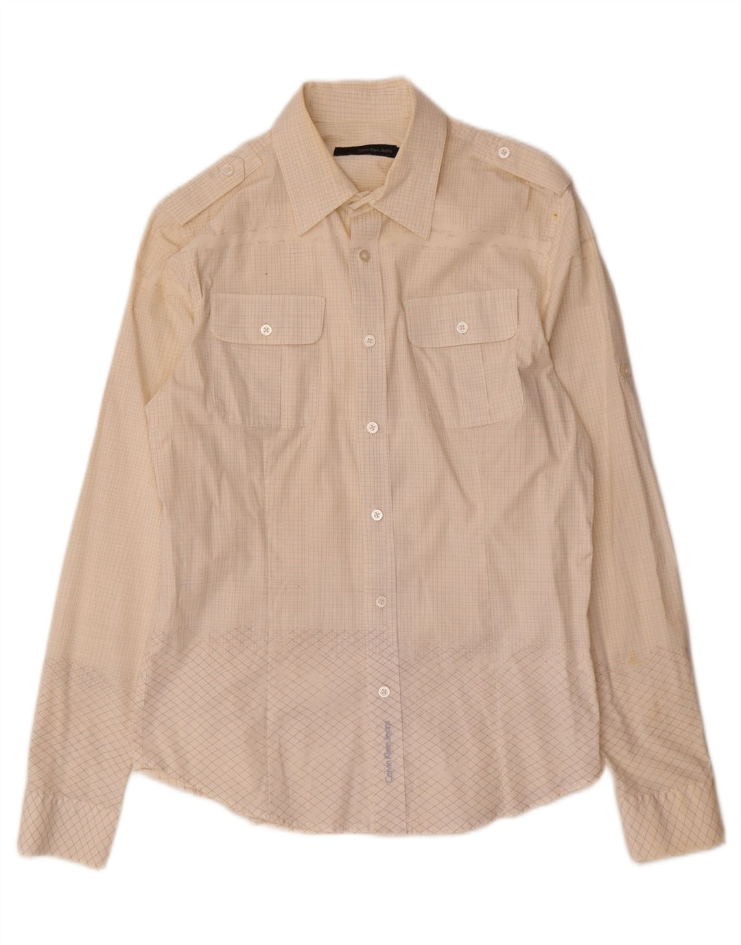 Calvin Klein Jeans Mens Shirt Medium Off White Check Cotton