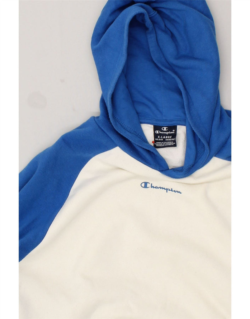 CHAMPION Boys Hoodie Jumper 13-14 Years XL Blue Colourblock Cotton | Vintage Champion | Thrift | Second-Hand Champion | Used Clothing | Messina Hembry 