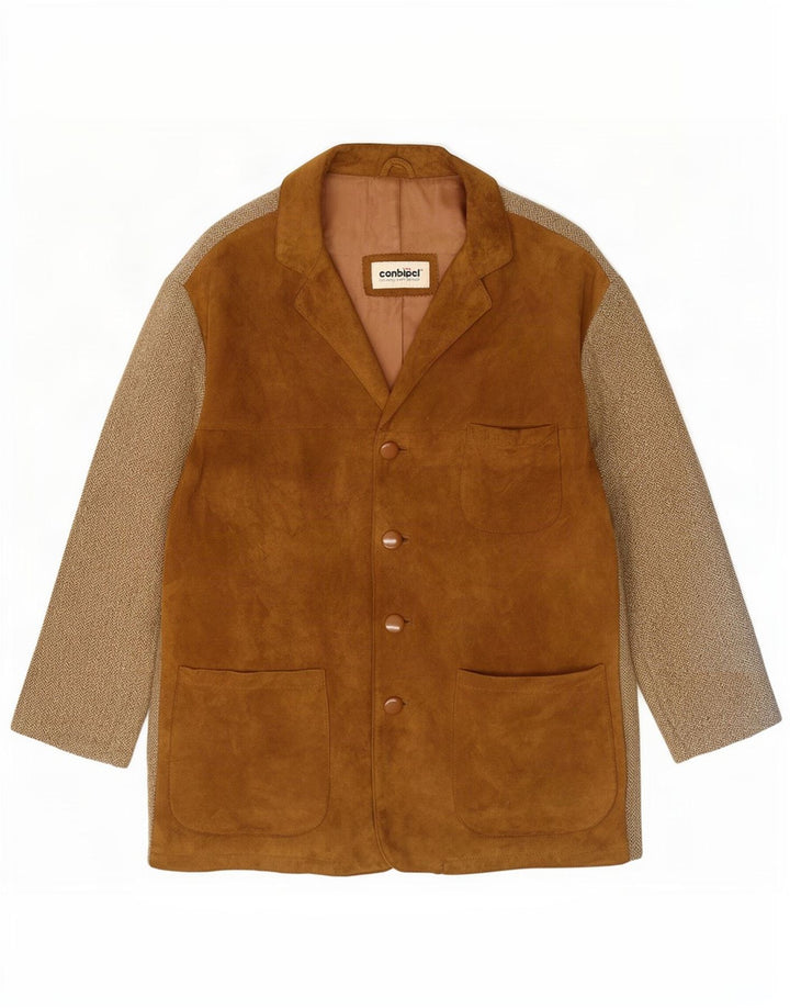 Conbipel Womens Suede Jacket IT 42 Medium Beige Herringbone Leather