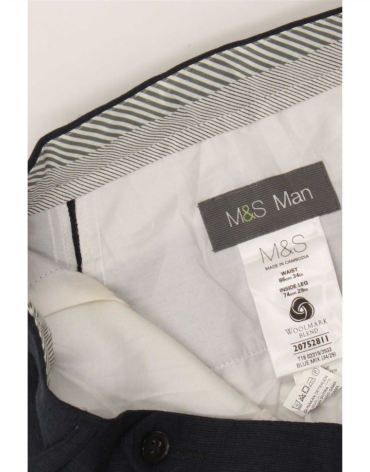Marks & Spencer Mens Straight Suit Trousers W34 L29 Navy Blue Wool