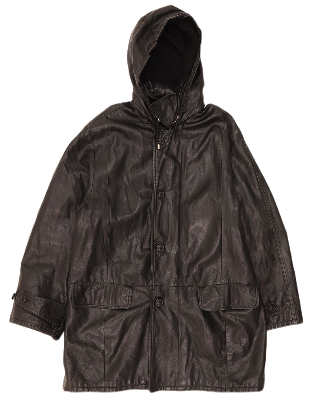Vintage Mens Hooded Leather Coat IT 52 XL Black Leather