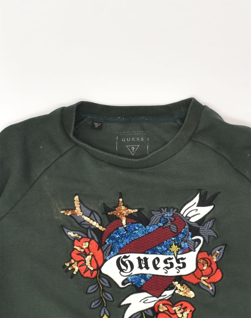 GUESS Womens Graphic Sweatshirt Jumper UK 6 XS Green Floral Cotton | Vintage Guess | Thrift | Second-Hand Guess | Used Clothing | Messina Hembry 