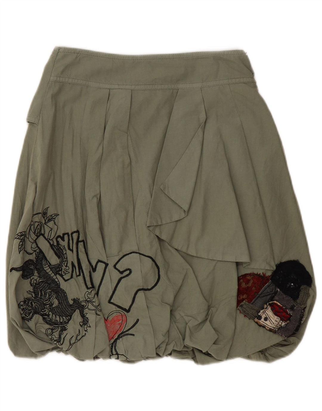 Desigual Womens Graphic Bubble Skirt EU 36 Small W28 Khaki Cotton