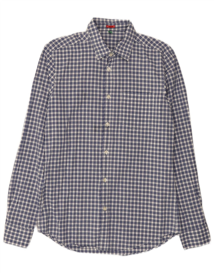 Benetton Mens Slim Shirt Medium Blue Check Cotton