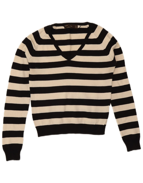 Zara Womens V-Neck Jumper Sweater UK 8 Small Black Striped Cotton