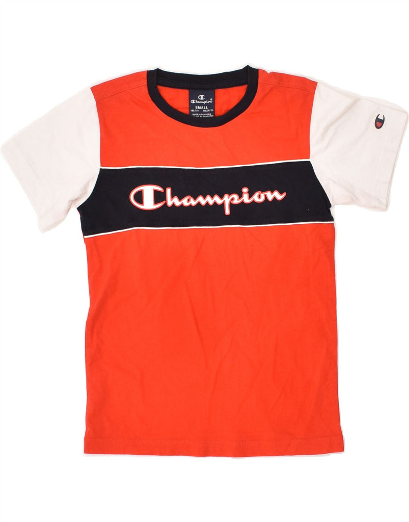 CHAMPION Boys Graphic T-Shirt Top 7-8 Years Small Orange Colourblock | Vintage Champion | Thrift | Second-Hand Champion | Used Clothing | Messina Hembry 