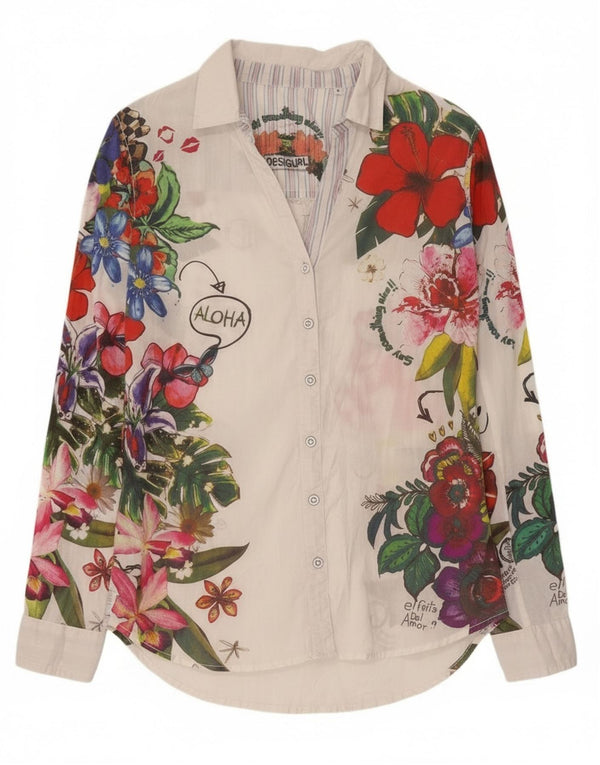 Desigual Womens Graphic Shirt Blouse UK 10 Small White Floral Cotton