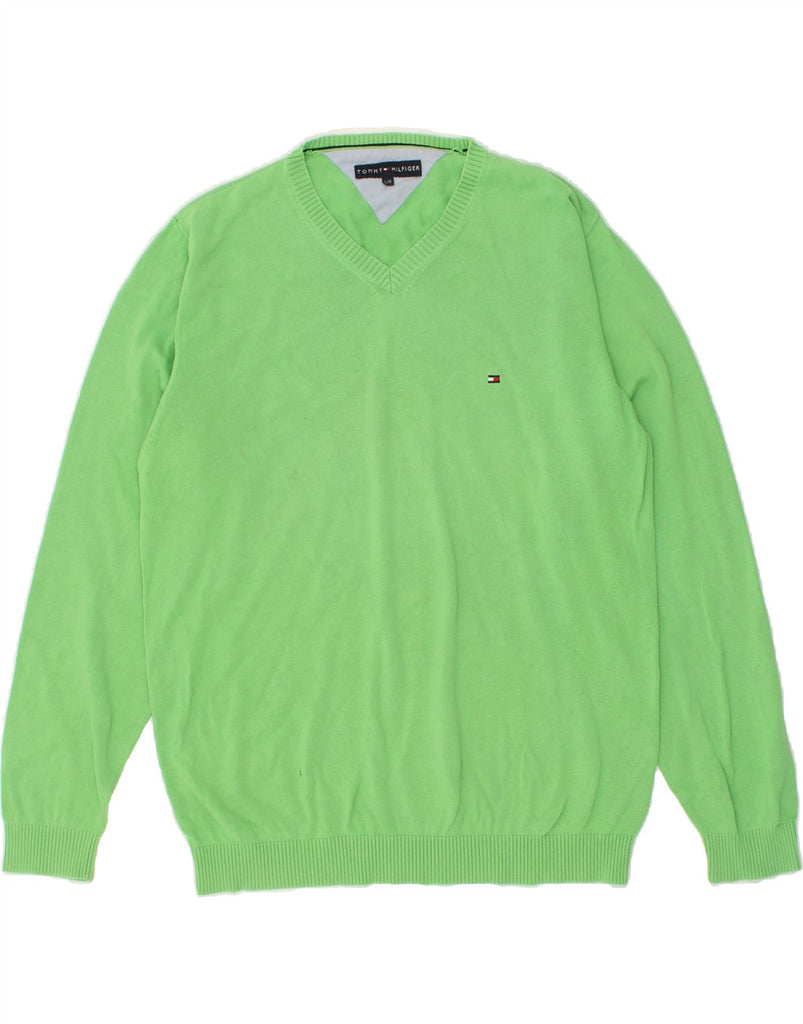 TOMMY HILFIGER Mens V-Neck Jumper Sweater Large Green Cotton | Vintage Tommy Hilfiger | Thrift | Second-Hand Tommy Hilfiger | Used Clothing | Messina Hembry 