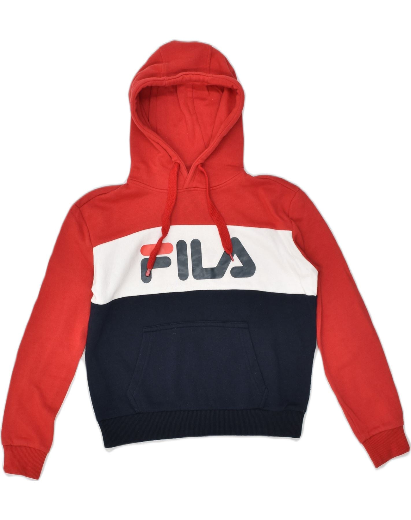 FILA Womens Graphic Hoodie Jumper UK 6 XS Red Colourblock Cotton Vintage Second Hand Clothing Online Messina Hembry