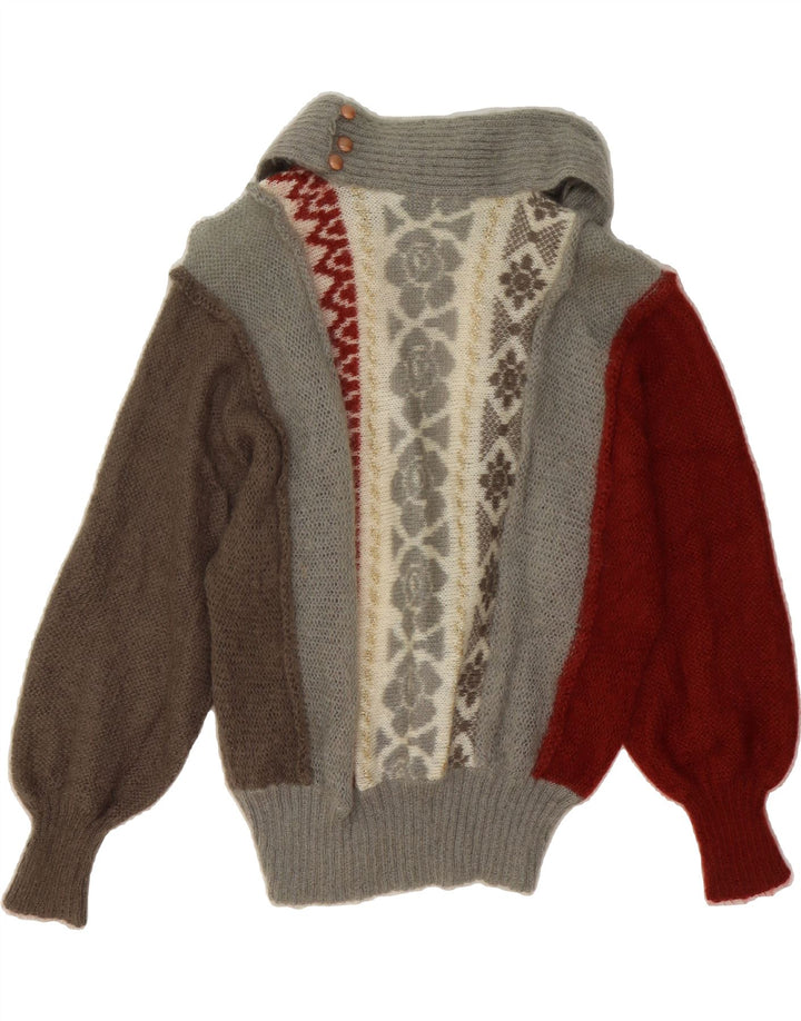 VINTAGE Womens Shawl Neck Jumper Sweater UK 14 Medium Grey Colourblock Vintage Vintage and Second-Hand Vintage from Messina Hembry 