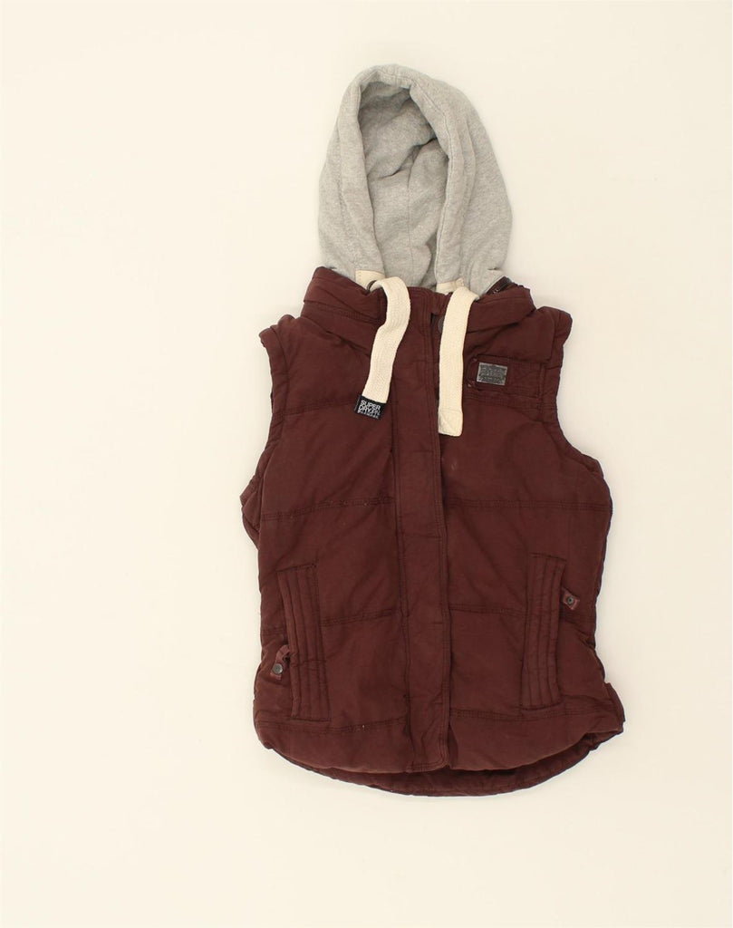 SUPERDRY Womens Hooded Padded Gilet UK 14 Medium Maroon Cotton | Vintage Superdry | Thrift | Second-Hand Superdry | Used Clothing | Messina Hembry 