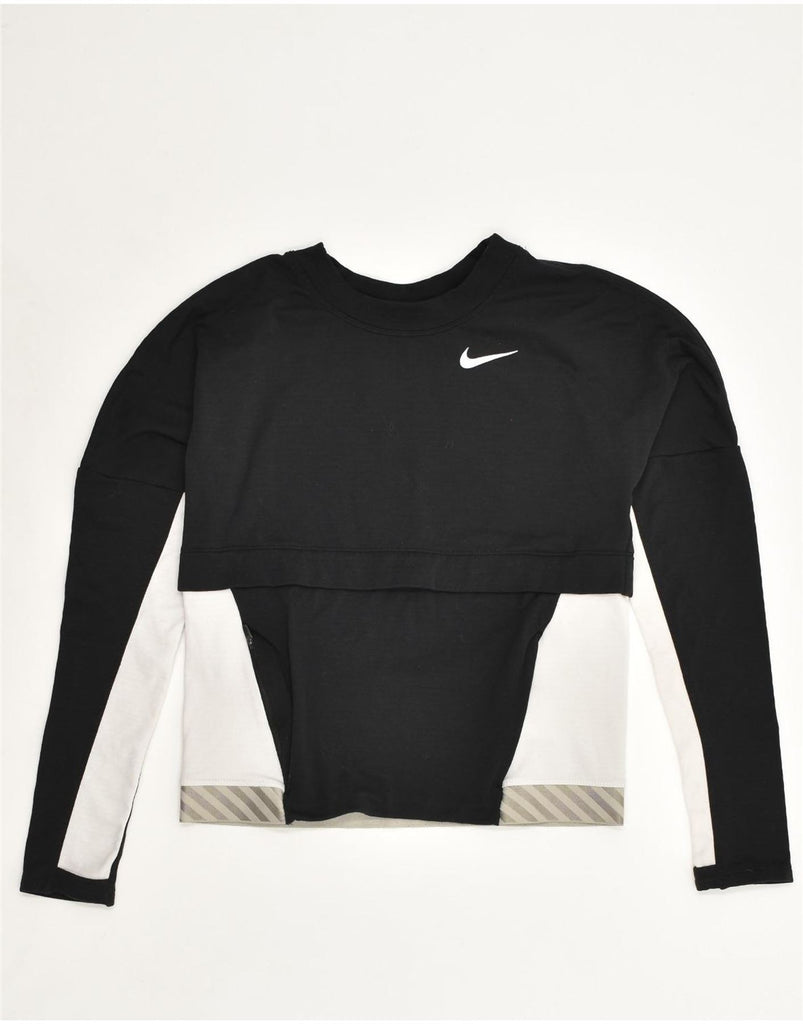 NIKE Womens Top Long Sleeve UK 6 XS Black Colourblock Polyester | Vintage Nike | Thrift | Second-Hand Nike | Used Clothing | Messina Hembry 