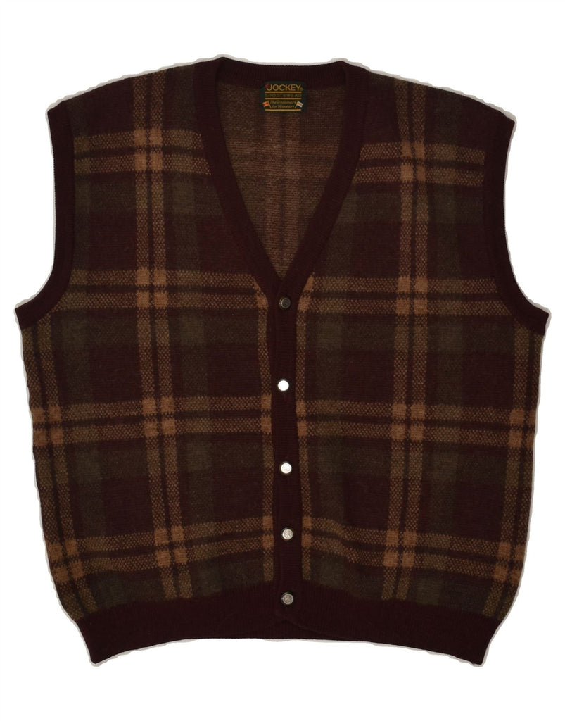 JOCKEY Mens Sleeveless Cardigan Sweater Medium Brown Check | Vintage Jockey | Thrift | Second-Hand Jockey | Used Clothing | Messina Hembry 