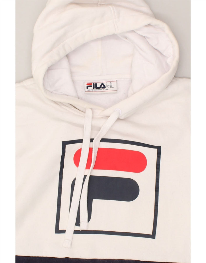 FILA Womens Graphic Hoodie Jumper UK 6 XS White Colourblock Cotton | Vintage Fila | Thrift | Second-Hand Fila | Used Clothing | Messina Hembry 