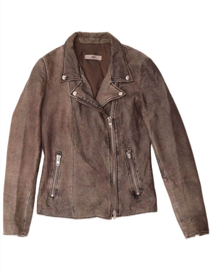 Zen Womens Leather Biker Jacket IT 44 Medium Grey Leather