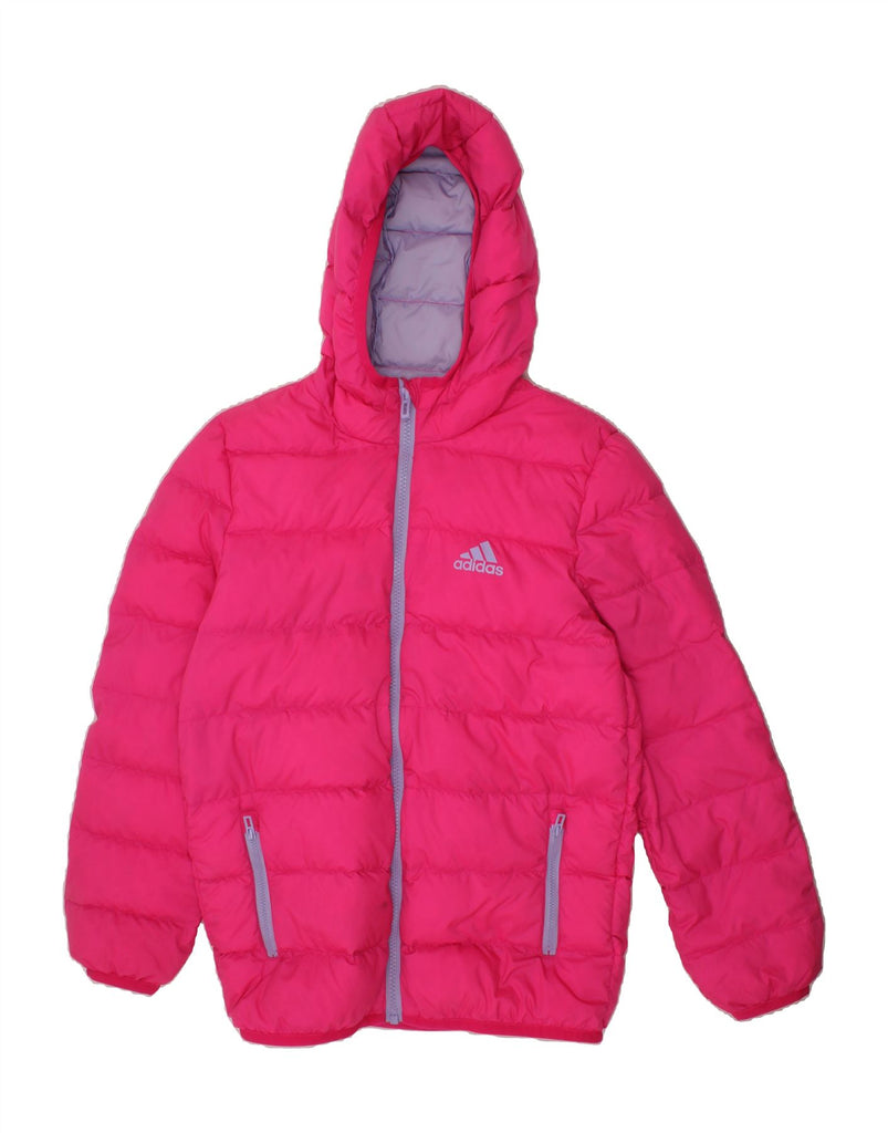 ADIDAS Girls Graphic Hooded Padded Jacket 9-10 Years Pink Polyester Vintage Adidas and Second-Hand Adidas from Messina Hembry 