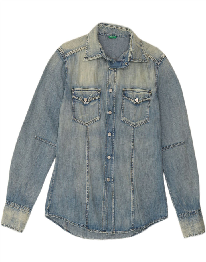BENETTON Mens Acid Wash Denim Shirt Medium Blue Cotton