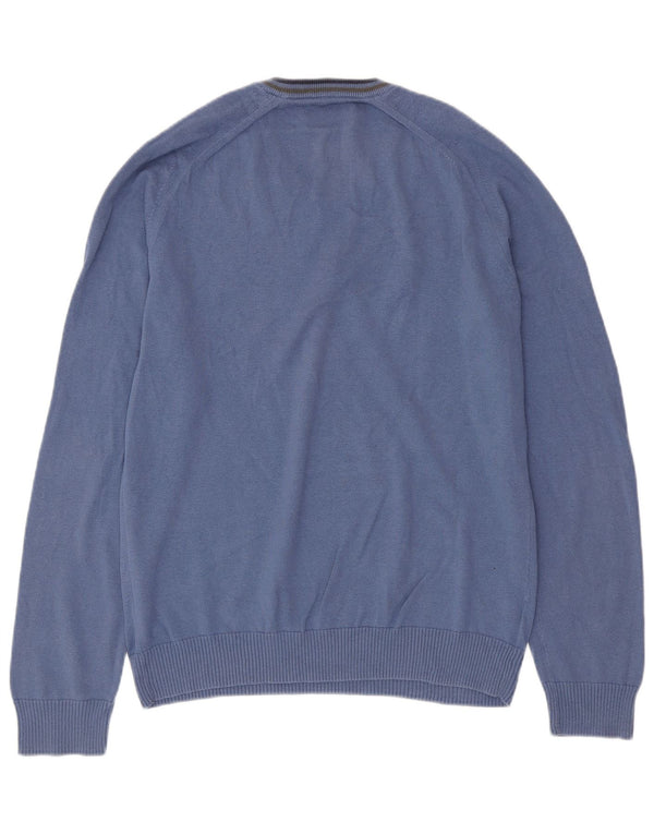 PENGUIN Mens V-Neck Jumper Sweater Large Blue Cotton