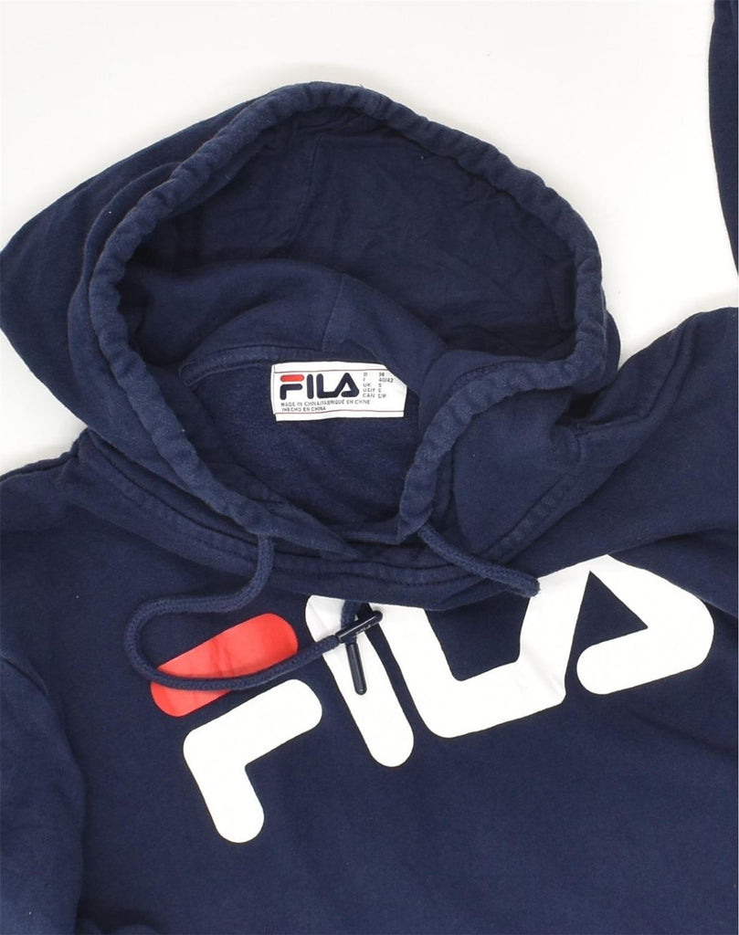 FILA Womens Graphic Hoodie Jumper UK 10 Small Navy Blue Cotton | Vintage Fila | Thrift | Second-Hand Fila | Used Clothing | Messina Hembry 