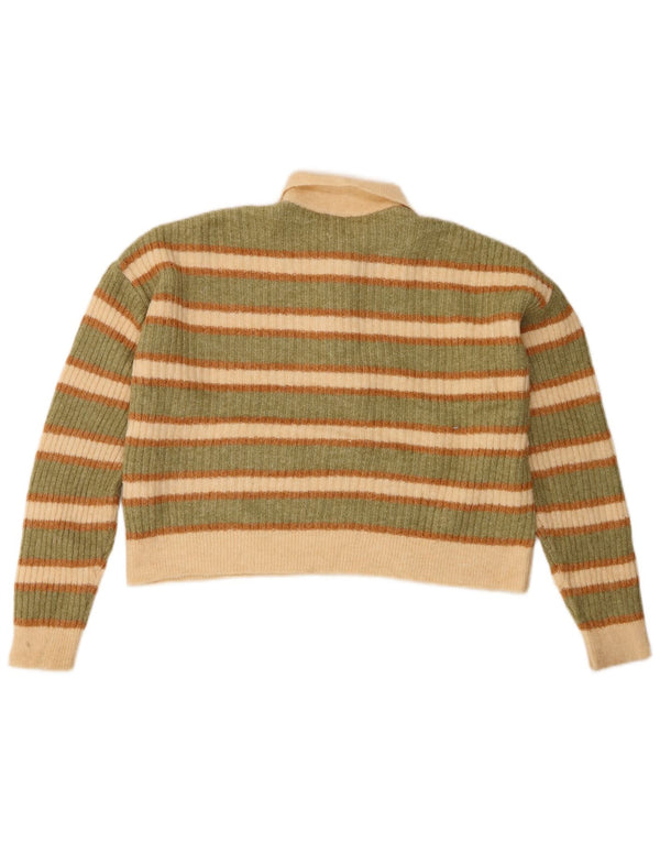 Zara Girls Crop Polo Neck Jumper Sweater 13-14 Years Green Striped Acrylic