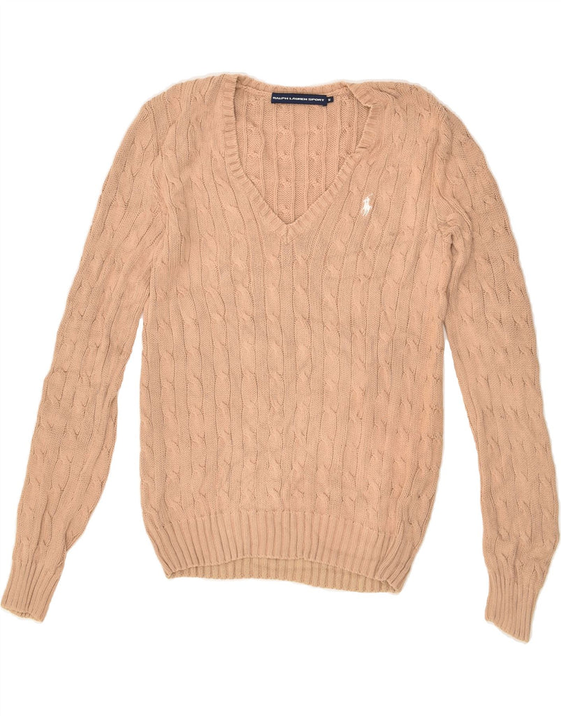 RALPH LAUREN Womens V-Neck Jumper Sweater UK 12 Medium Beige Cotton | Vintage Ralph Lauren | Thrift | Second-Hand Ralph Lauren | Used Clothing | Messina Hembry 