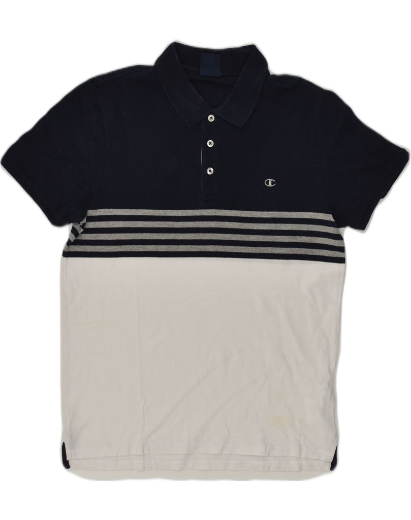 CHAMPION Boys Polo Shirt 14-15 Years Large Navy Blue Colourblock Cotton | Vintage Champion | Thrift | Second-Hand Champion | Used Clothing | Messina Hembry 