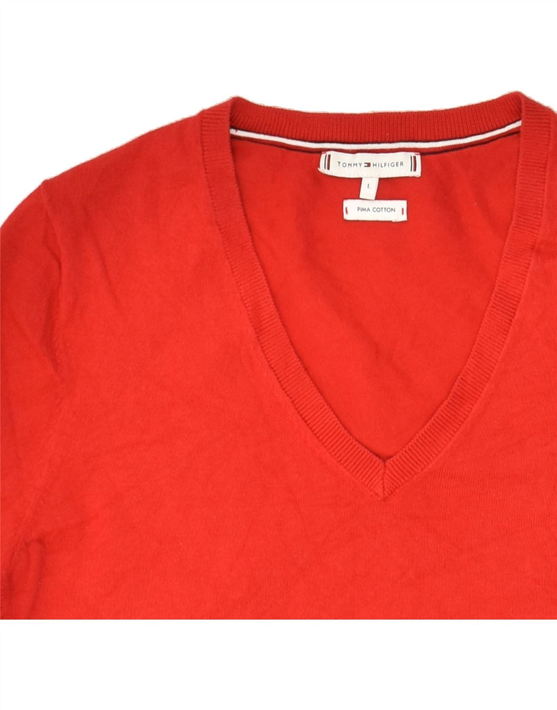 TOMMY HILFIGER Womens V-Neck Jumper Sweater UK 14 Large Red Cotton | Vintage Tommy Hilfiger | Thrift | Second-Hand Tommy Hilfiger | Used Clothing | Messina Hembry 