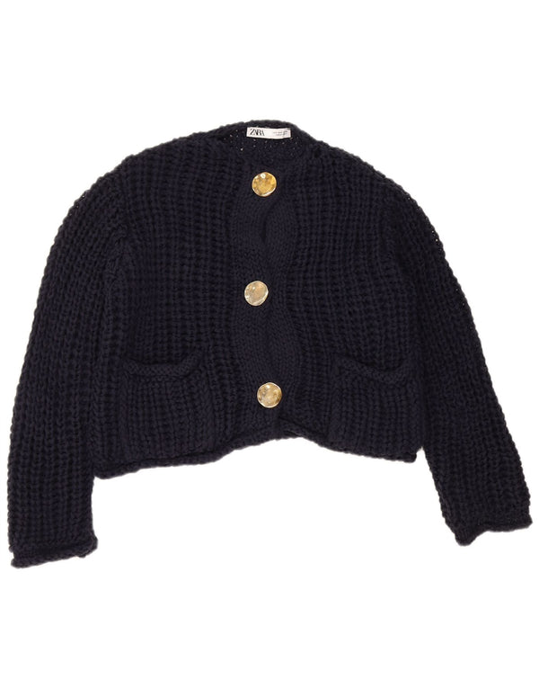 Zara Womens Oversized Crop Crochet Cardigan Sweater UK 10 Small Navy Blue