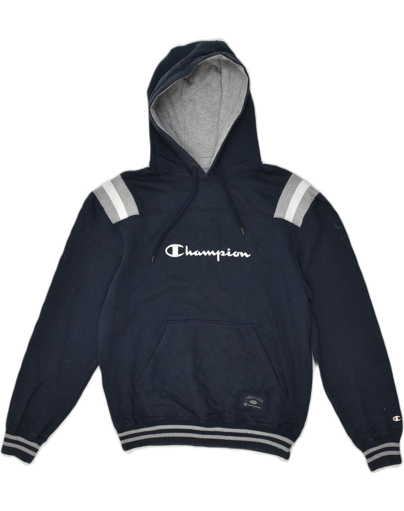 CHAMPION Mens Graphic Hoodie Jumper Large Navy Blue Cotton | Vintage Champion | Thrift | Second-Hand Champion | Used Clothing | Messina Hembry 