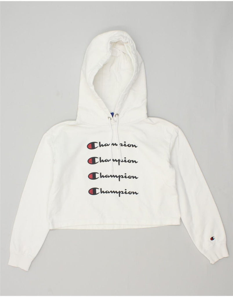 CHAMPION Womens Crop Graphic Hoodie Jumper UK 14 Medium White Cotton | Vintage Champion | Thrift | Second-Hand Champion | Used Clothing | Messina Hembry 