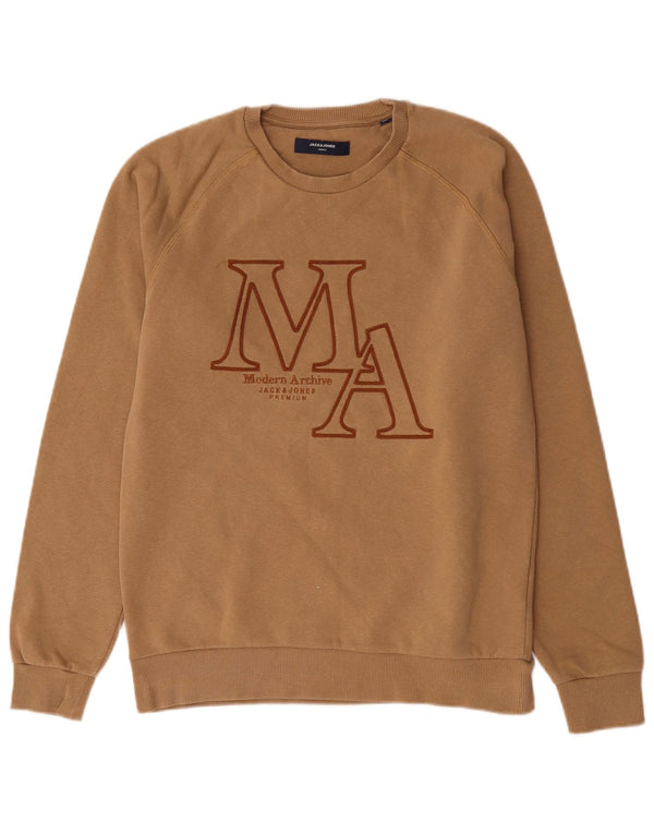 Jack & Jones Mens Graphic Sweatshirt Jumper Medium Beige Cotton