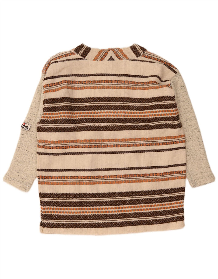 Vintage Mens 3/4 Sleeve Button Neck Jumper Sweater Medium Beige Striped
