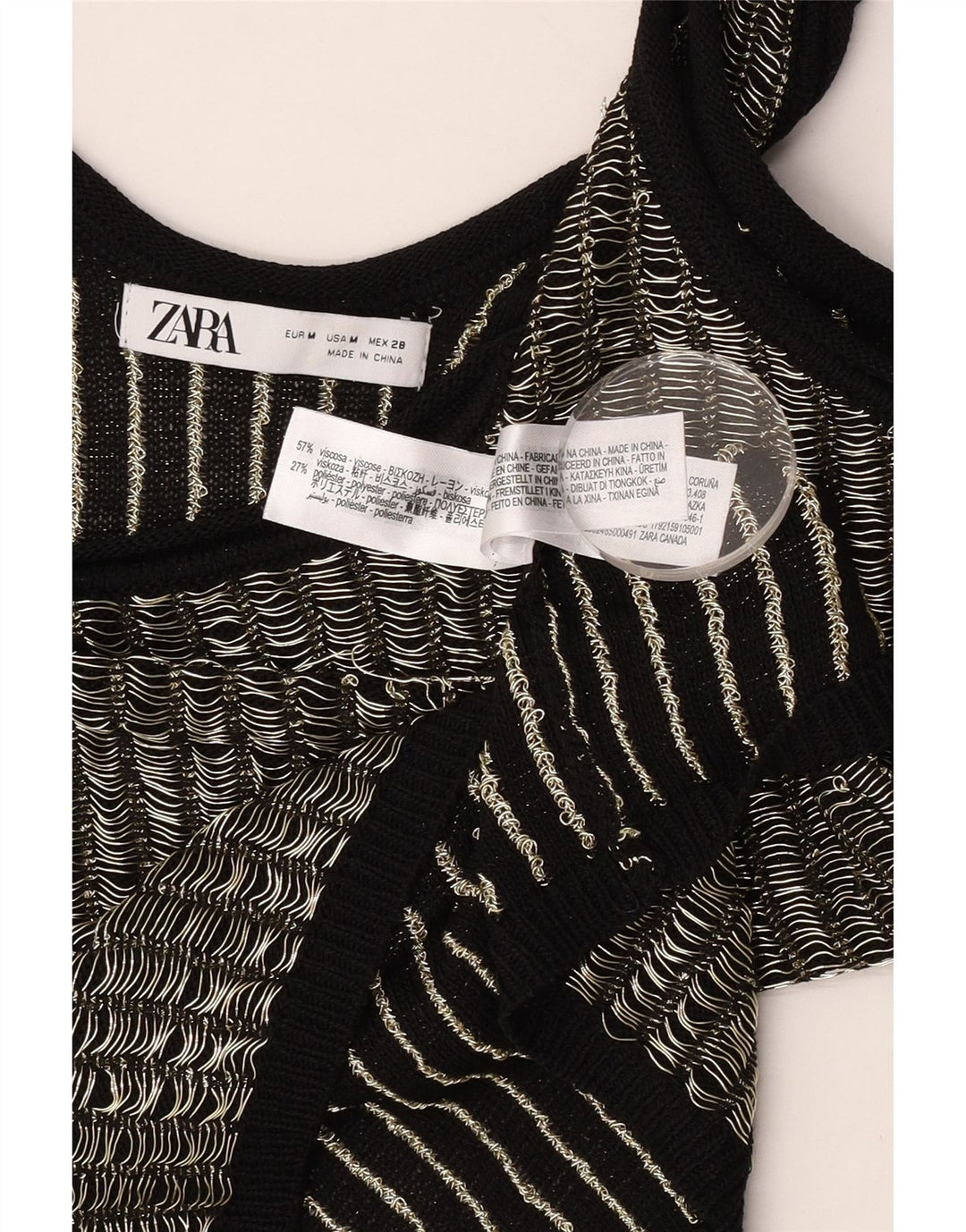 Zara Womens Crop Vest Top UK 12 Medium Black Striped Viscose
