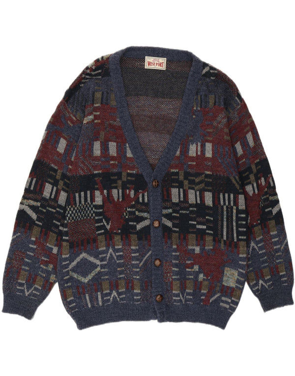 WEST PORT Mens Cardigan Sweater Large Blue Geometric Acrylic