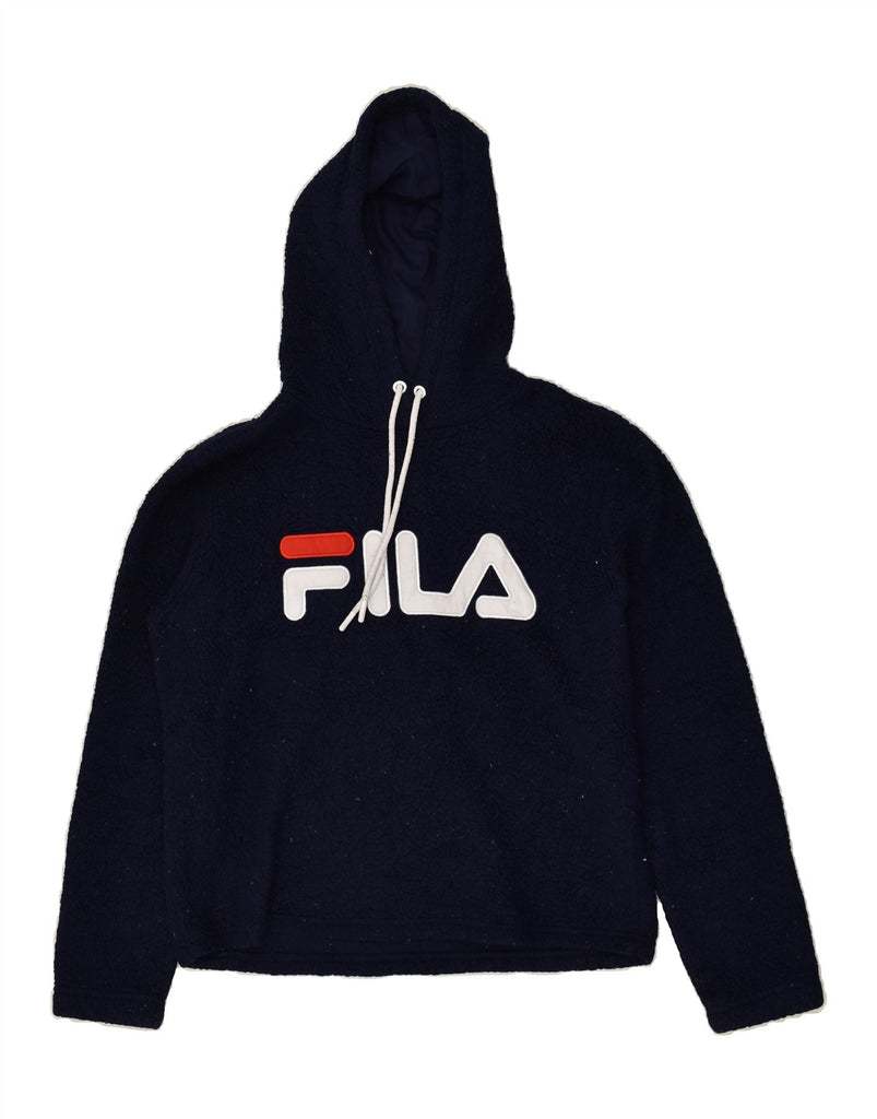 FILA Womens Graphic Hooded Fleece Jumper UK 14 Medium Navy Blue Polyester | Vintage Fila | Thrift | Second-Hand Fila | Used Clothing | Messina Hembry 