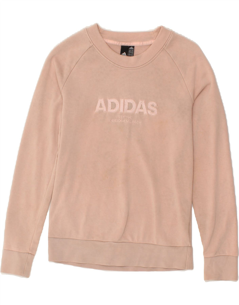 ADIDAS Womens Graphic Sweatshirt Jumper UK 8/10 Small Beige Cotton | Vintage Adidas | Thrift | Second-Hand Adidas | Used Clothing | Messina Hembry 